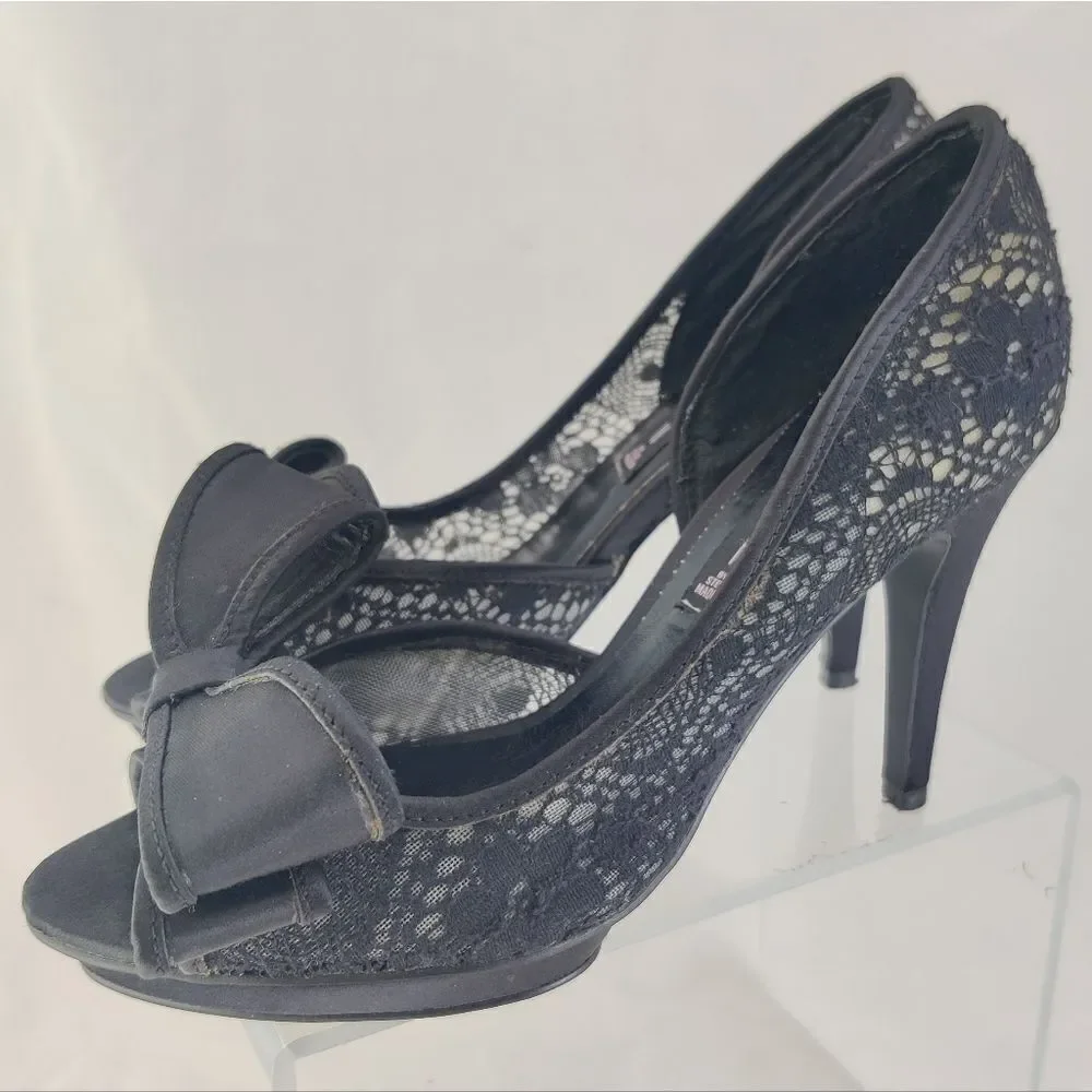 Steve madden Vale Sz 6 Giant Bow Black Lace D'Orsay Platform Stiletto Peep Heels